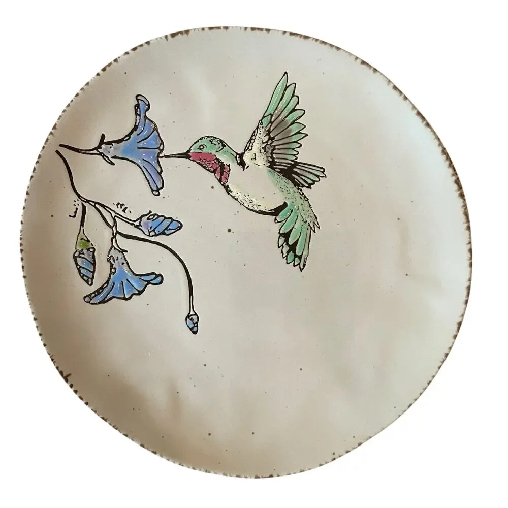 InHomestylez Embossed Ruby Hummingbird Purple Petunia Dinner Plates Set of 4 New